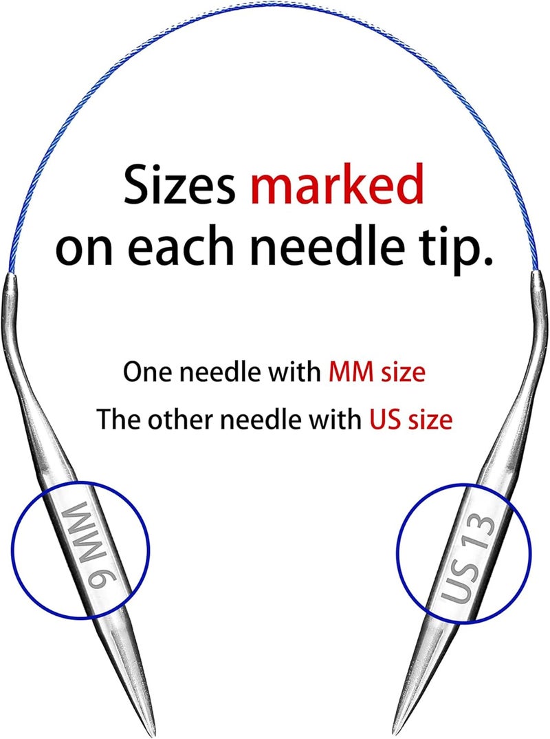 cuteDIY Size 13 Circular Knitting Needles 16 Inch Set Round Metal Kit (Etched US&mm, Color-Coded Cable, Smooth Join) - Image 4